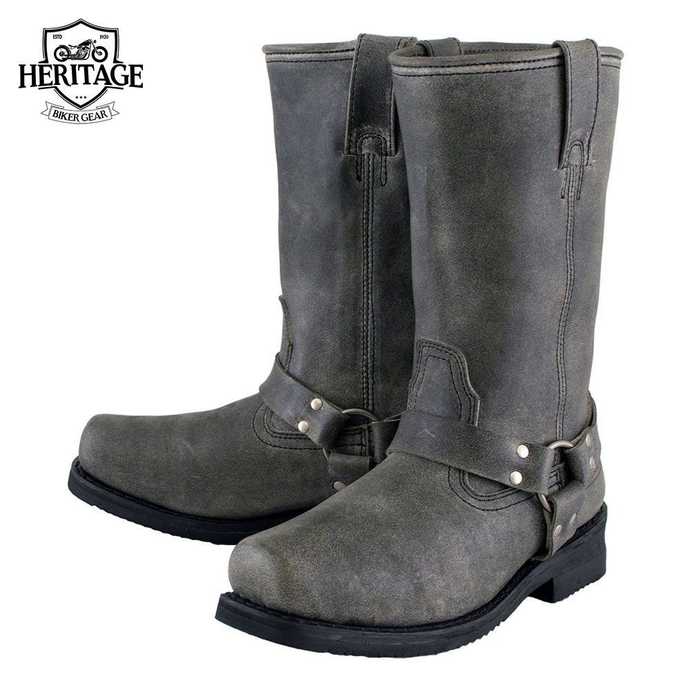 Men's Classic Stone Wash Grey Motorcycle Boots Leather