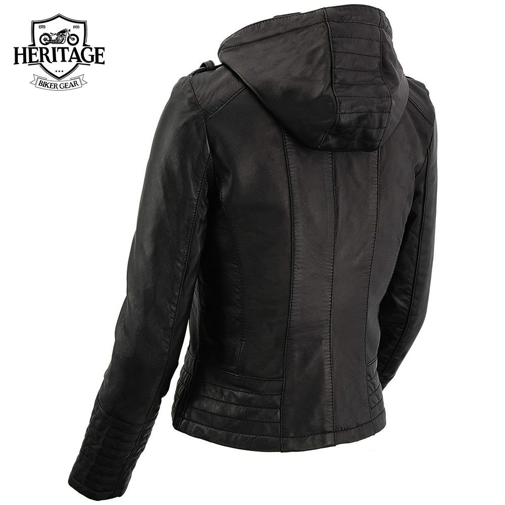 Women's Black Motorcycle Fashion Leather Jacket With Hoodie