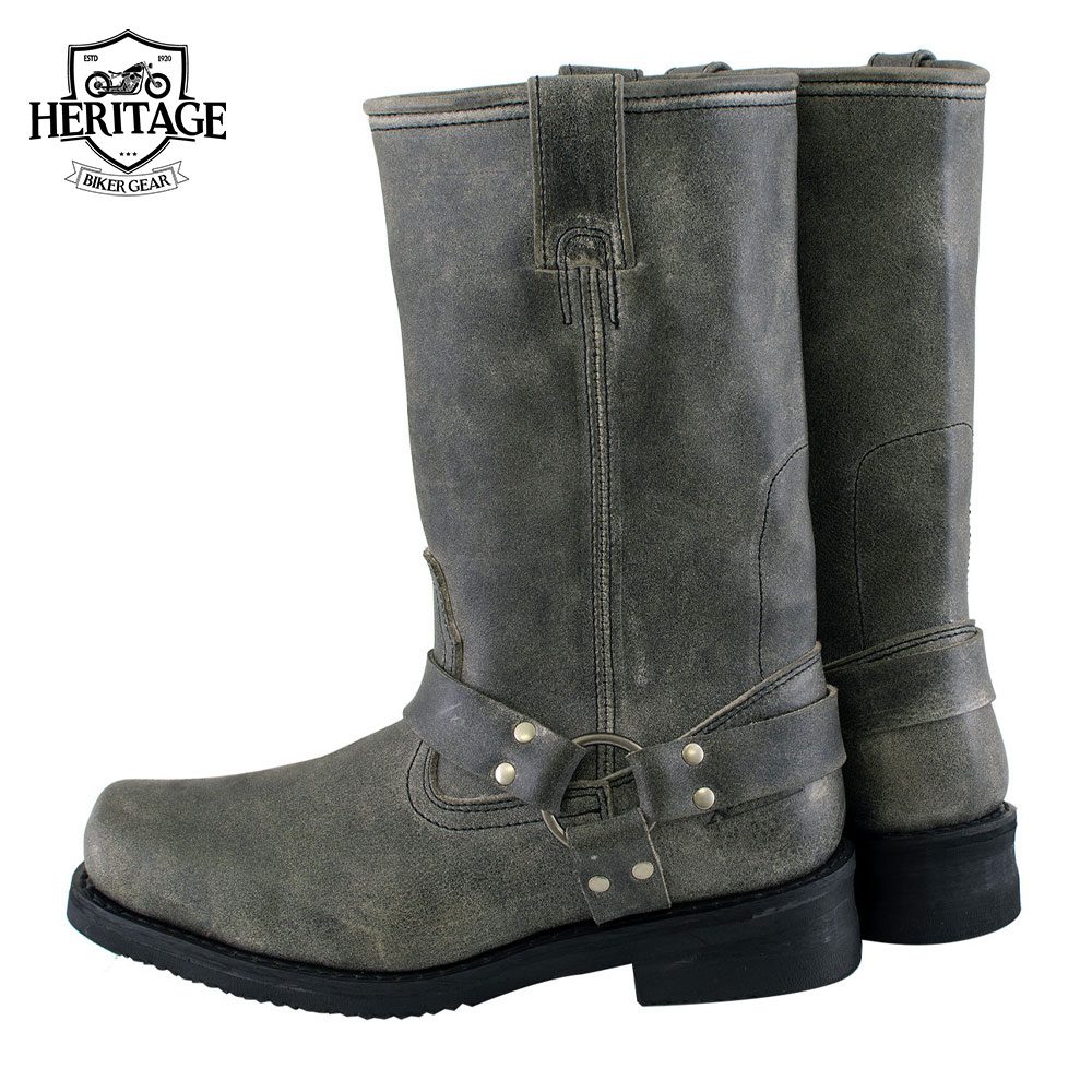 Men's Classic Stone Wash Grey Motorcycle Boots Leather