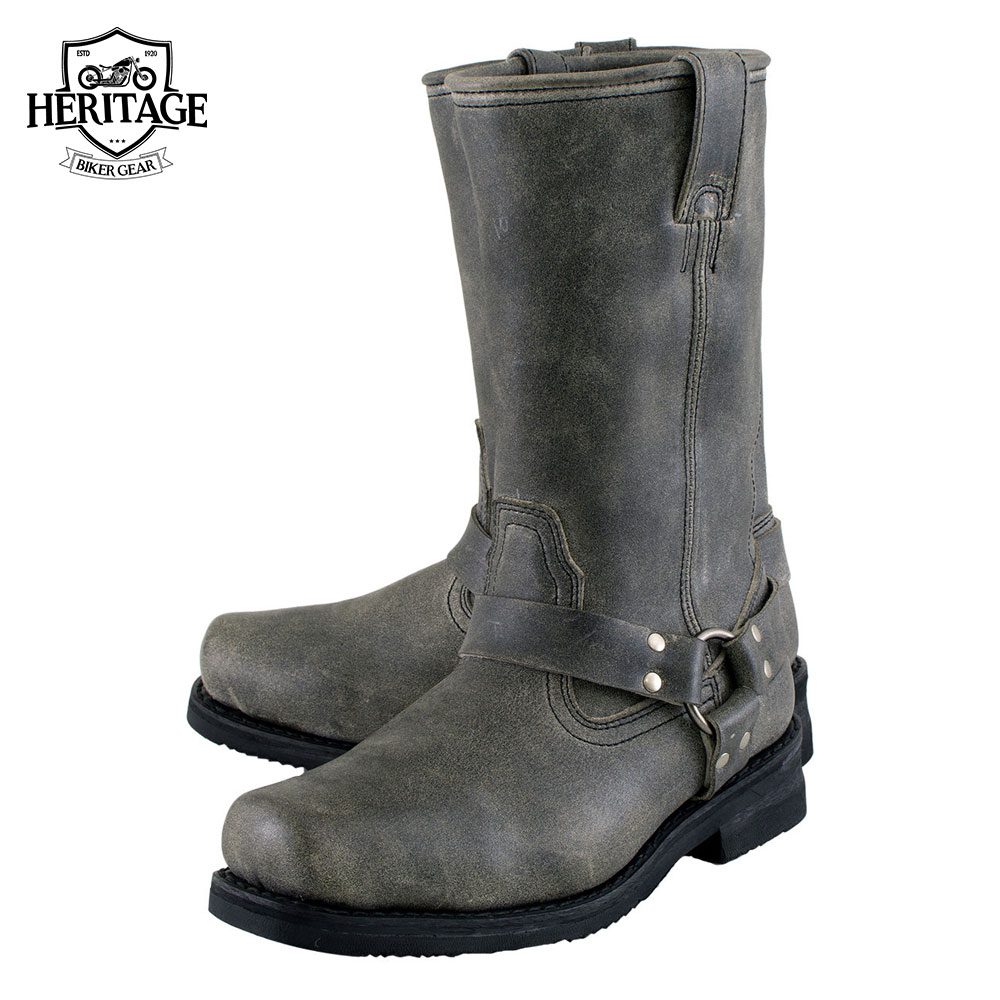 Men's Classic Stone Wash Grey Motorcycle Boots Leather