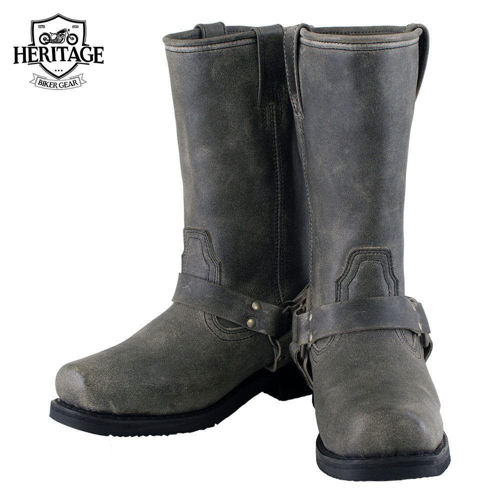 Men's Classic Stone Wash Grey Motorcycle Boots Leather