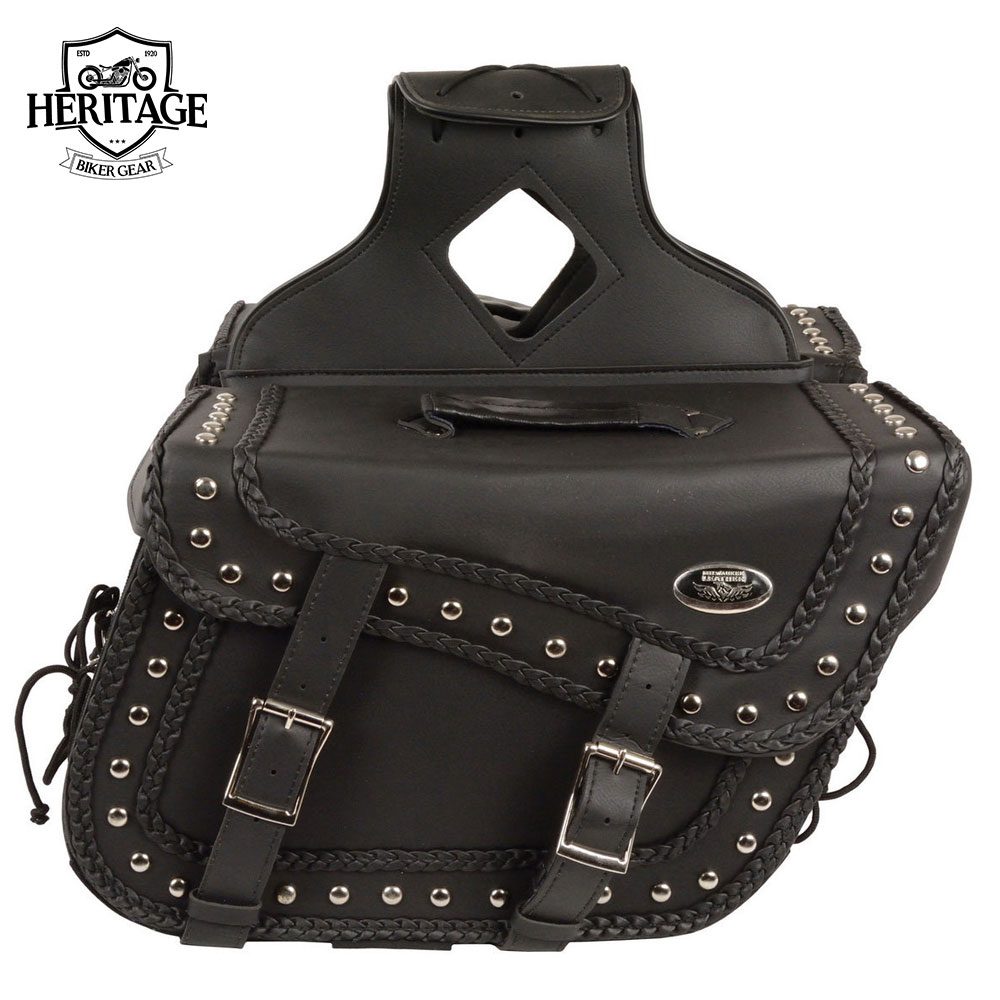 Heritage Biker Gear Black Leather Large 'Studded and Braided' Motorcycle Saddle Bag