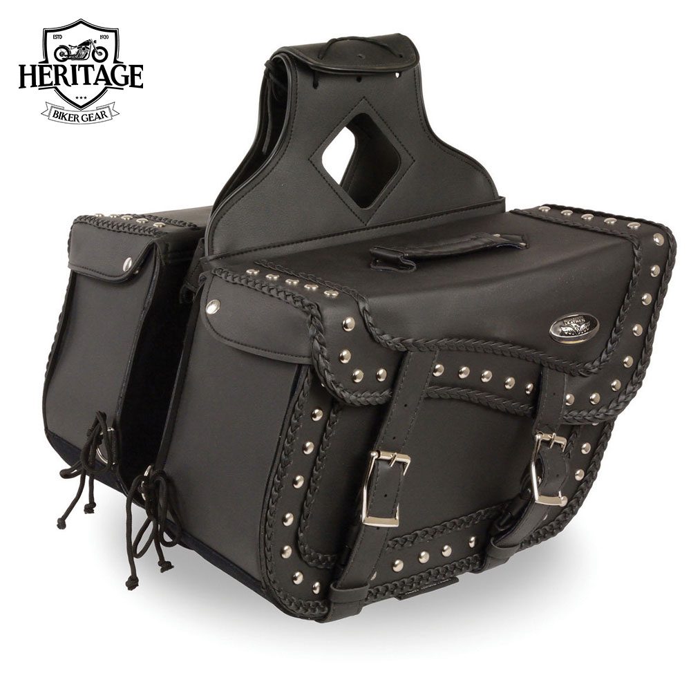 Heritage Biker Gear Black Leather Large 'Studded and Braided' Motorcycle Saddle Bag