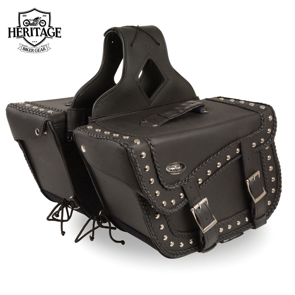 Heritage Biker Gear Black Leather Large 'Studded and Braided' Motorcycle Saddle Bag