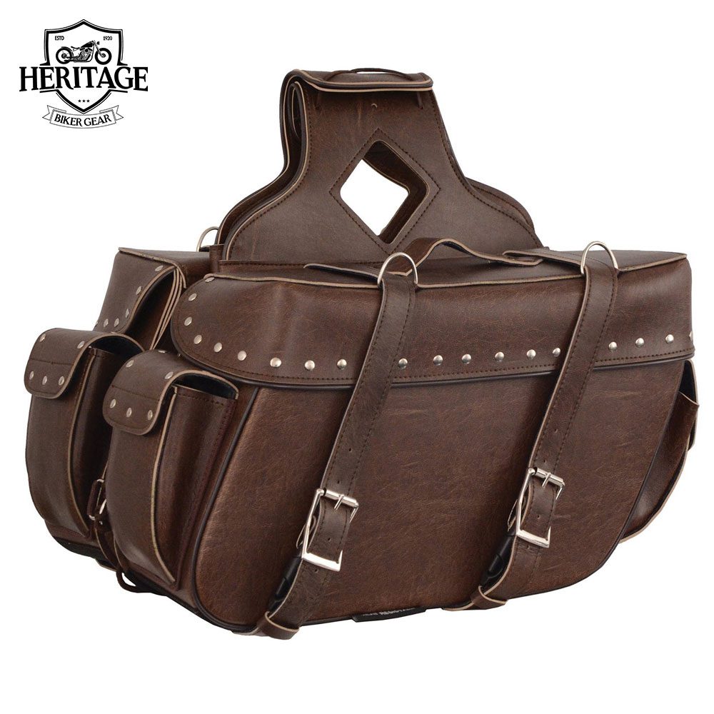 Heritage Biker Gear Leather Large Retro Brown Zip-Off Throw-Over Saddlebags