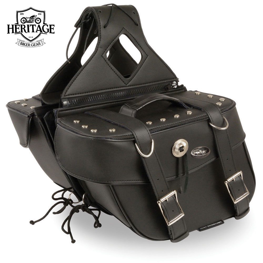 Black Leather Zip-Off Motorcycle Throw Over Saddlebags with Rivets