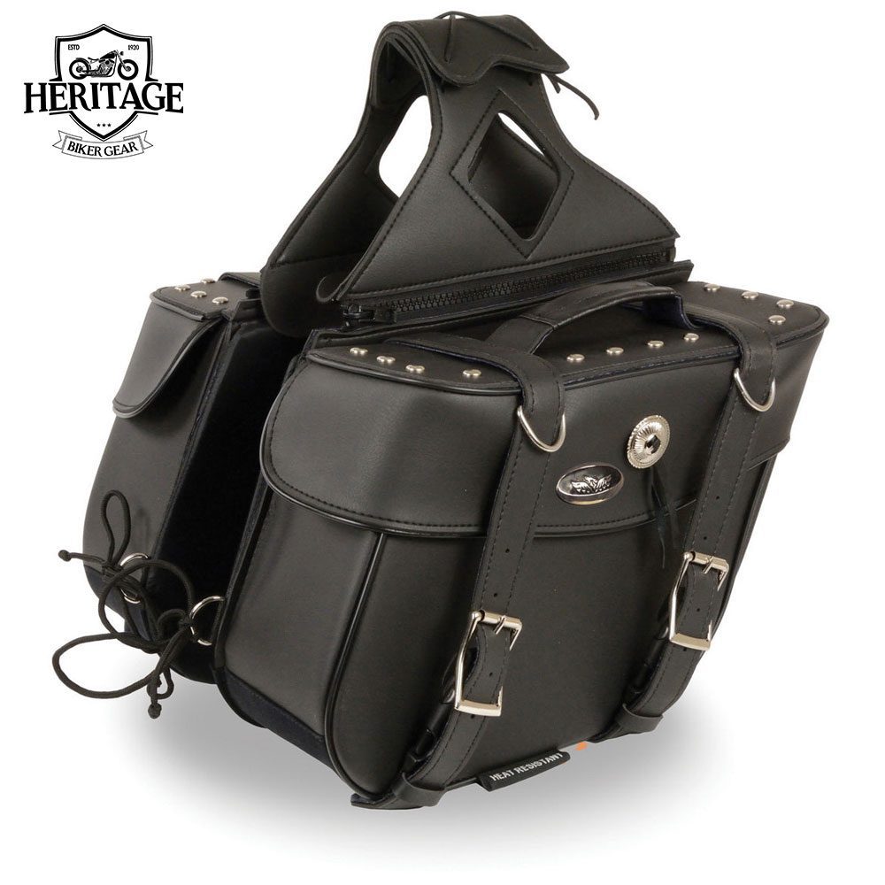 Black Leather Zip-Off Motorcycle Throw Over Saddlebags with Rivets