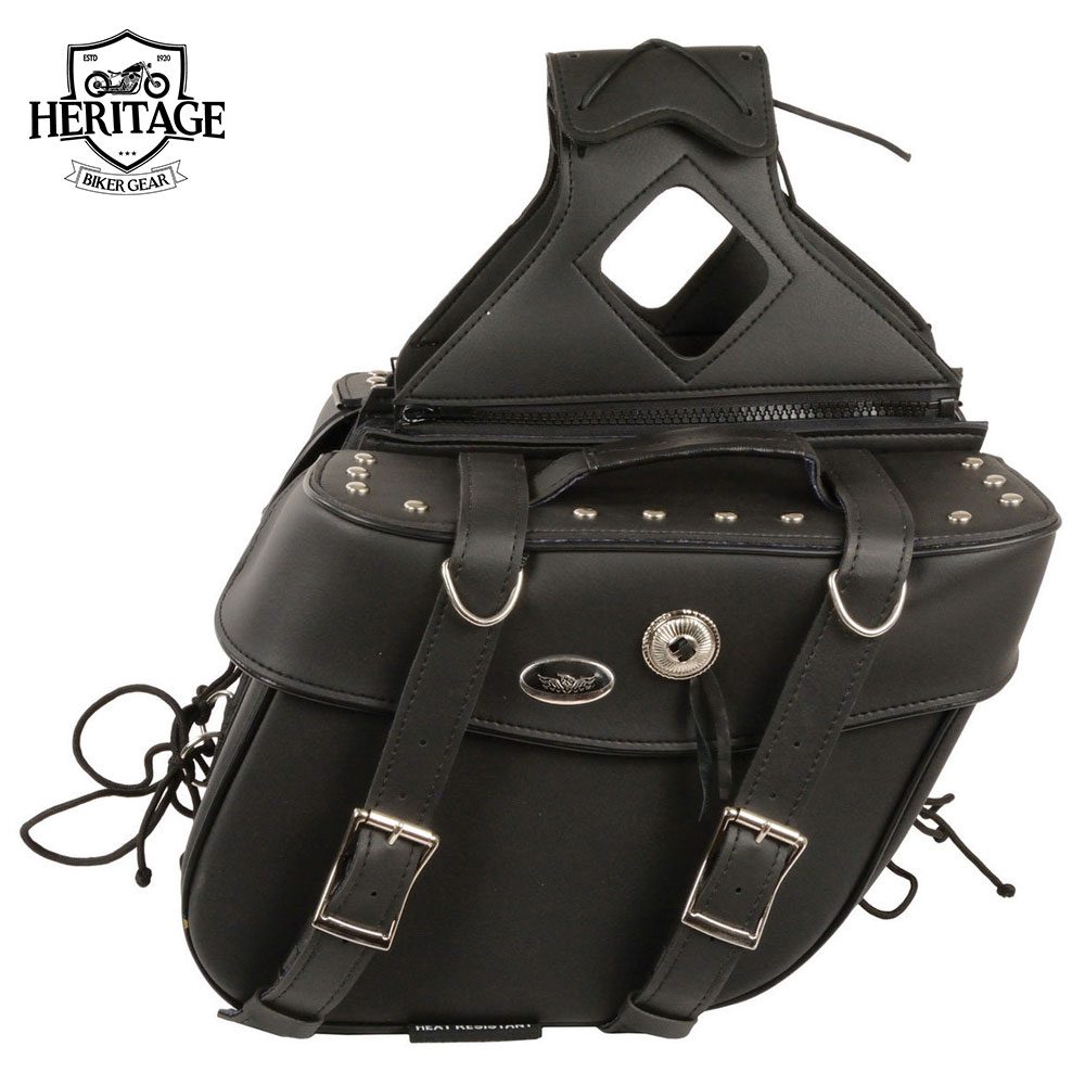 Black Leather Zip-Off Motorcycle Throw Over Saddlebags with Rivets