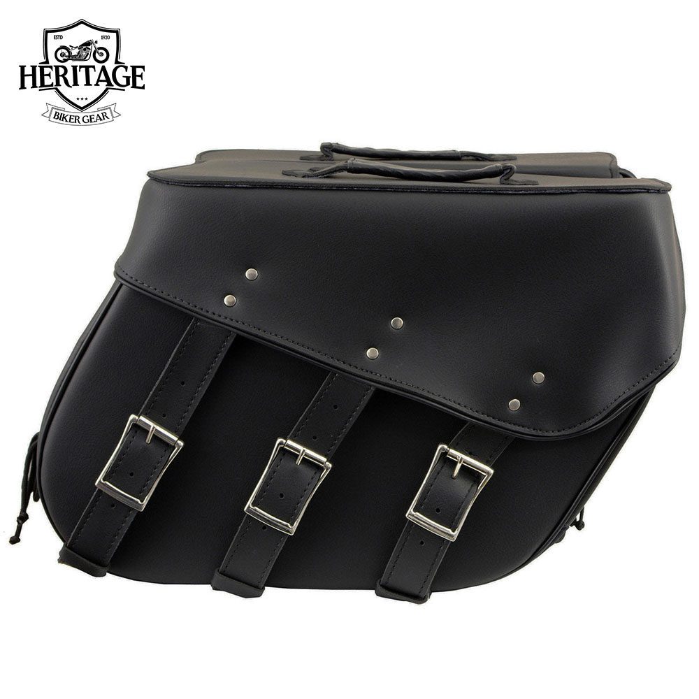 Black Leather 3 Strap Zip-Off Motorcycle Saddlebags