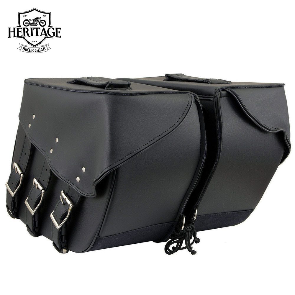 Black Leather 3 Strap Zip-Off Motorcycle Saddlebags