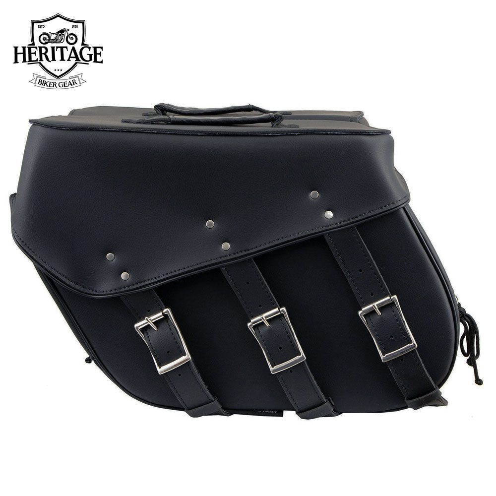 Black Leather 3 Strap Zip-Off Motorcycle Saddlebags