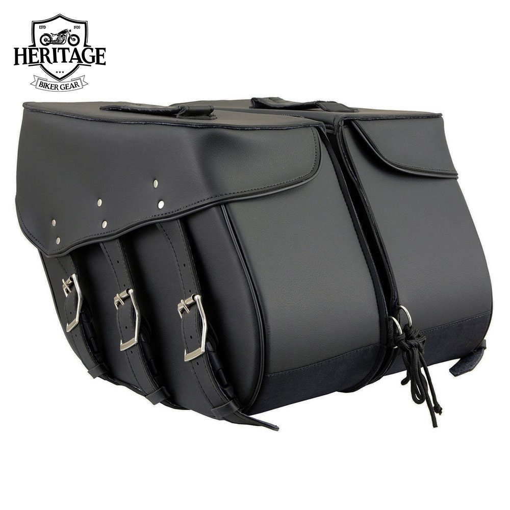 Black Leather 3 Strap Zip-Off Motorcycle Saddlebags