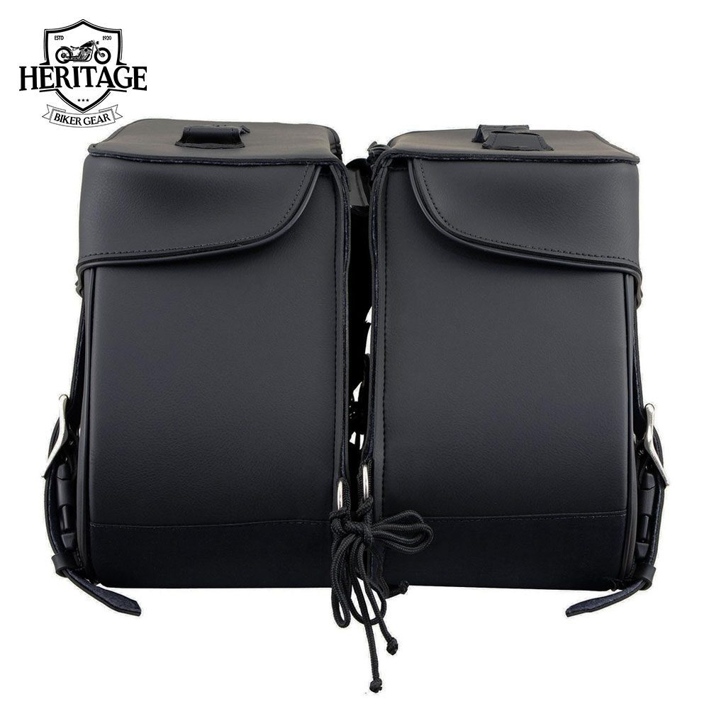 Black Leather 3 Strap Zip-Off Motorcycle Saddlebags