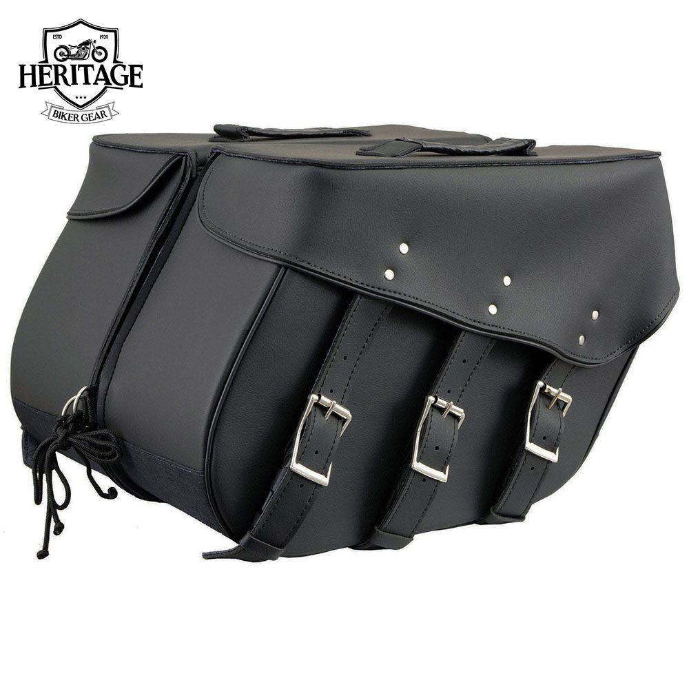 Black Leather 3 Strap Zip-Off Motorcycle Saddlebags