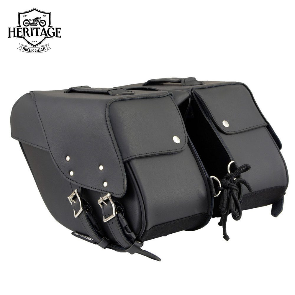 Black Leather Two Straps Saddle Bag with Reflective Piping