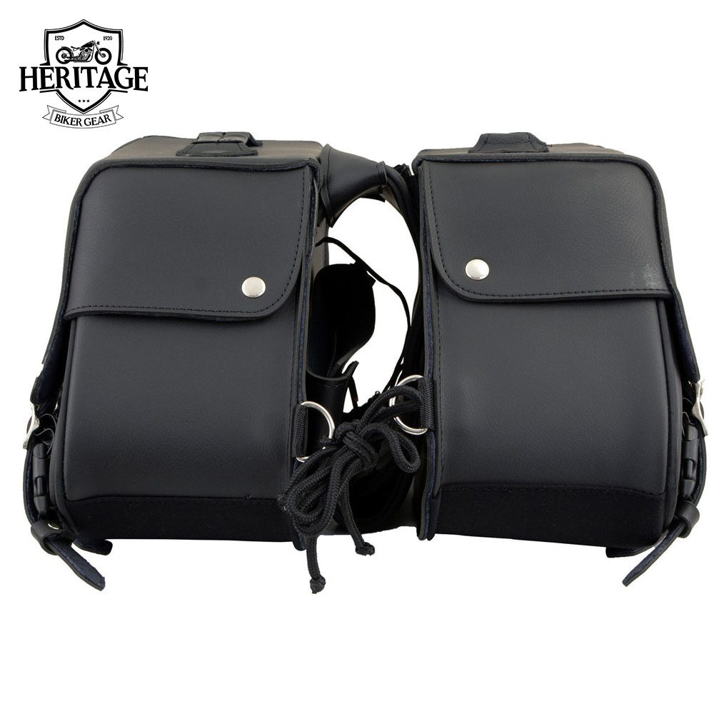 Black Leather Two Straps Saddle Bag with Reflective Piping