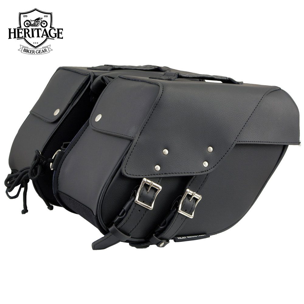 Black Leather Two Straps Saddle Bag with Reflective Piping