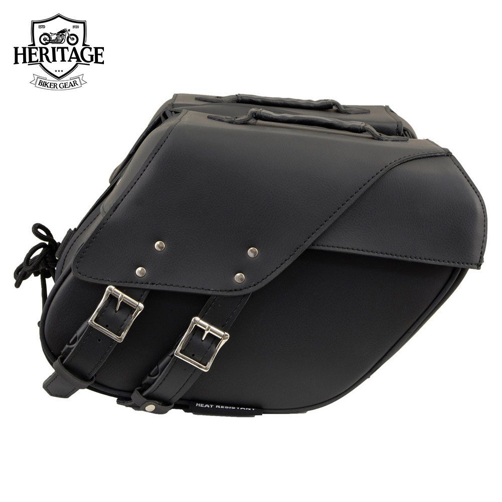 Black Leather Two Straps Saddle Bag with Reflective Piping