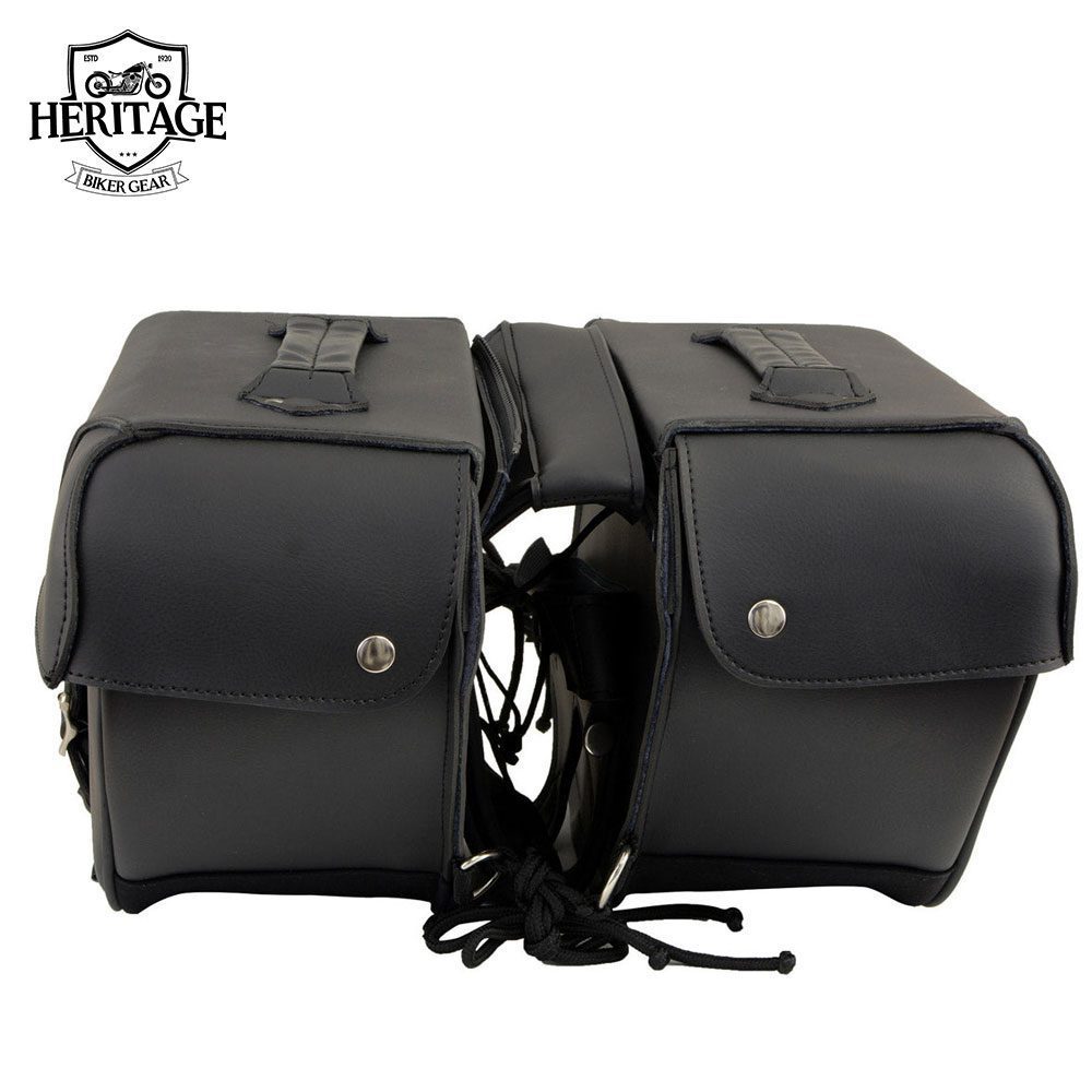 Black Leather Two Straps Saddle Bag with Reflective Piping