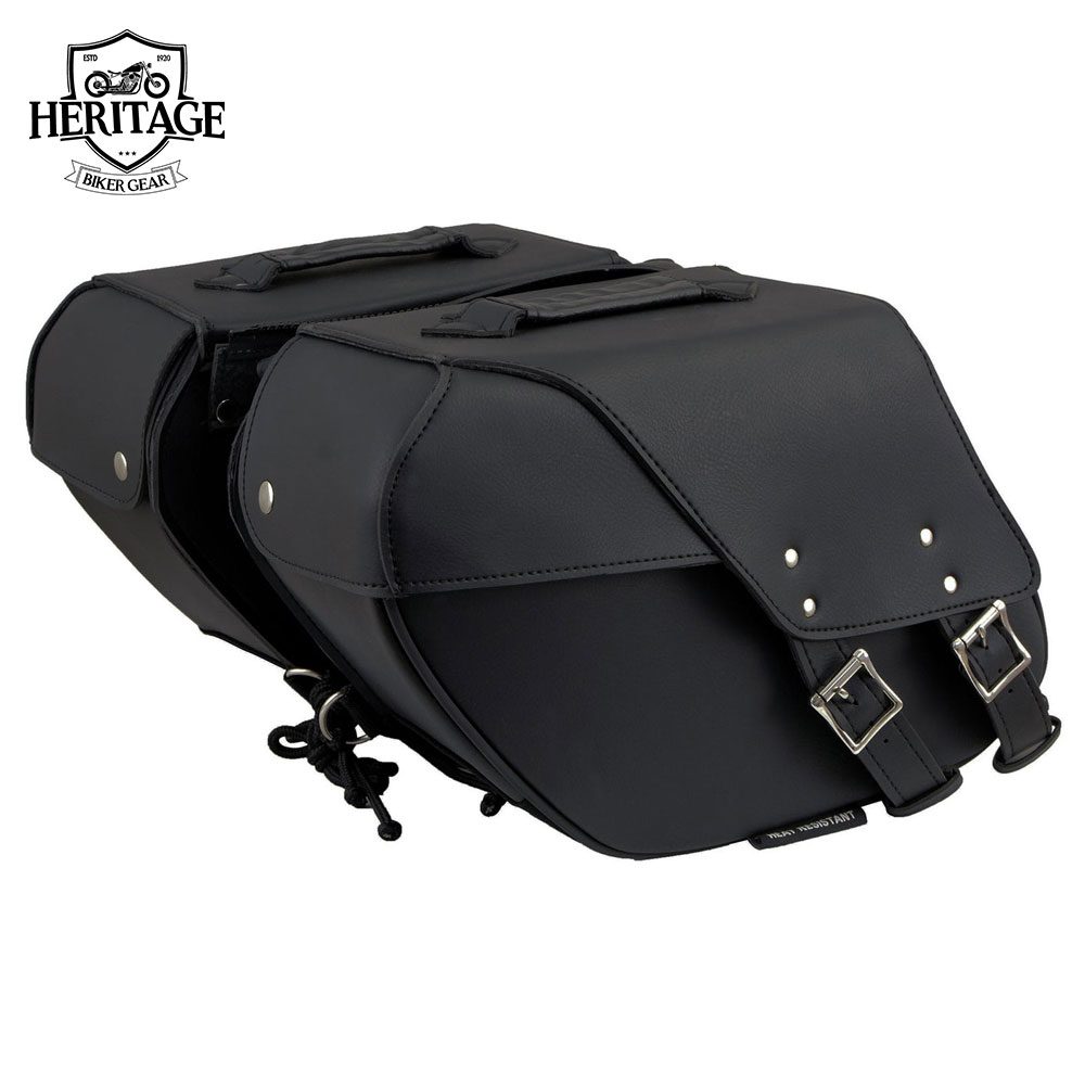 Black Leather Two Straps Saddle Bag with Reflective Piping