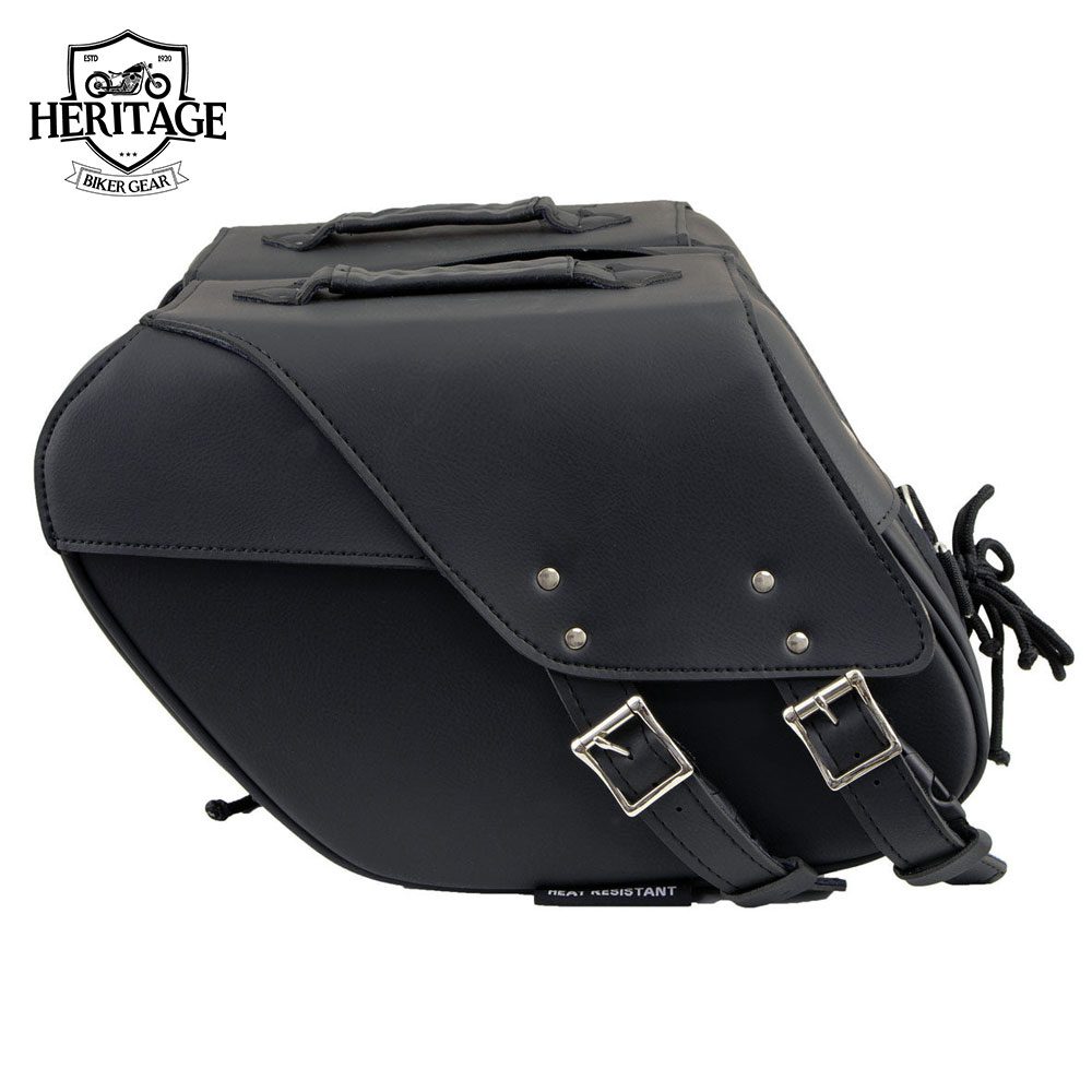 Black Leather Two Straps Saddle Bag with Reflective Piping