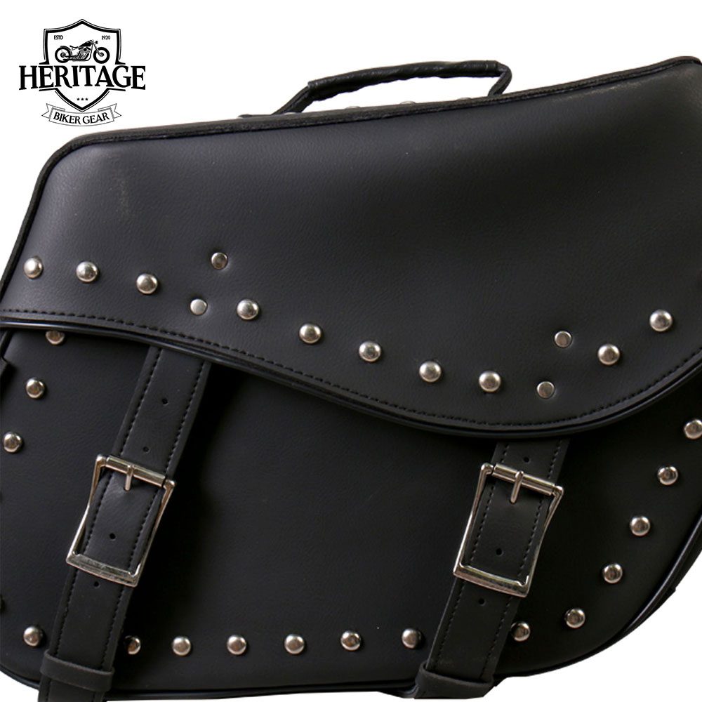 Hot Leather Large Wide 2-Buckle Studded Saddle Bags