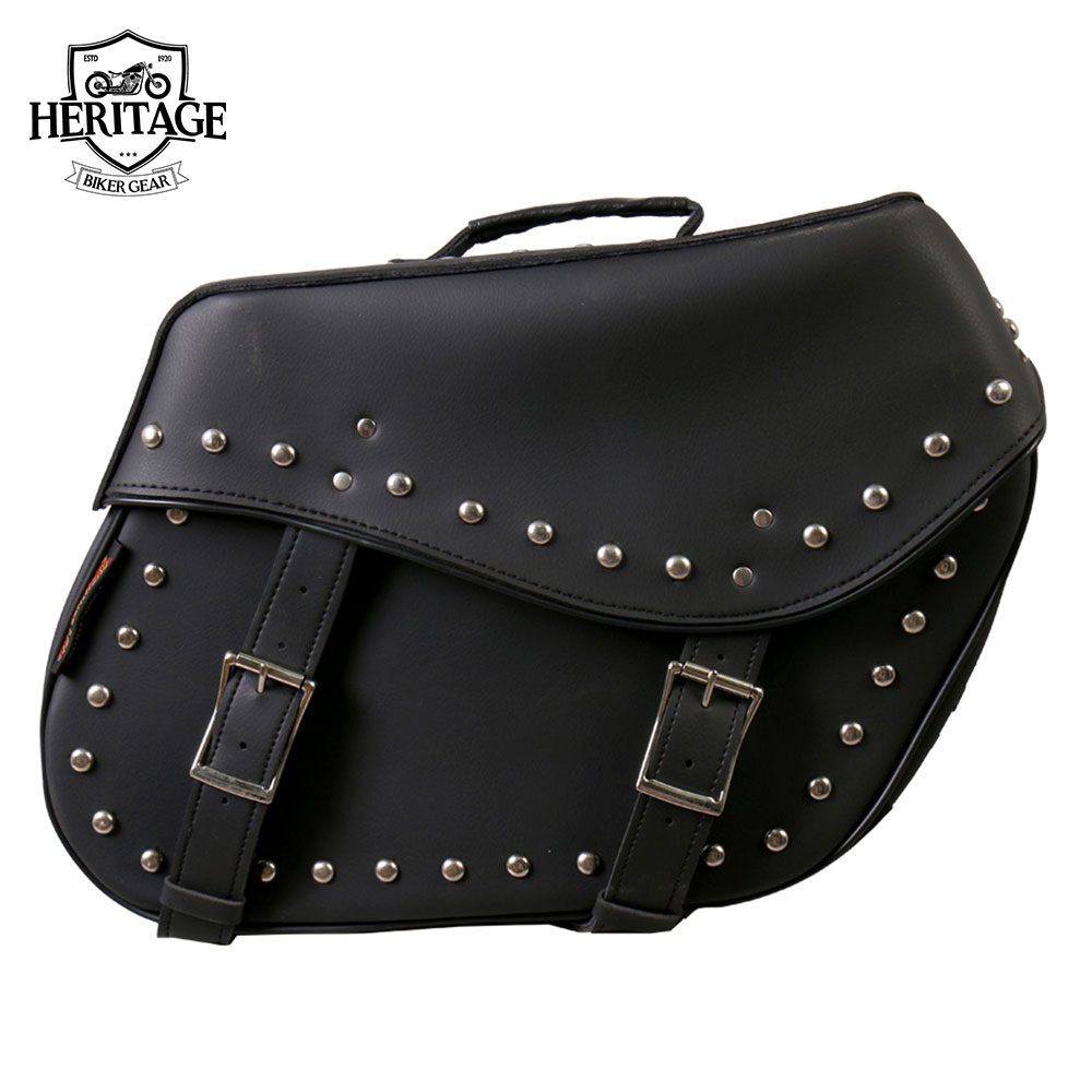 Hot Leather Large Wide 2-Buckle Studded Saddle Bags