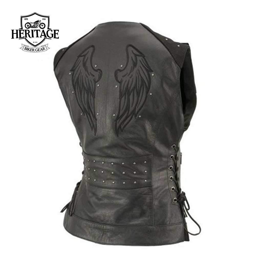 Black Studded Leather Vest with Reflective Wings