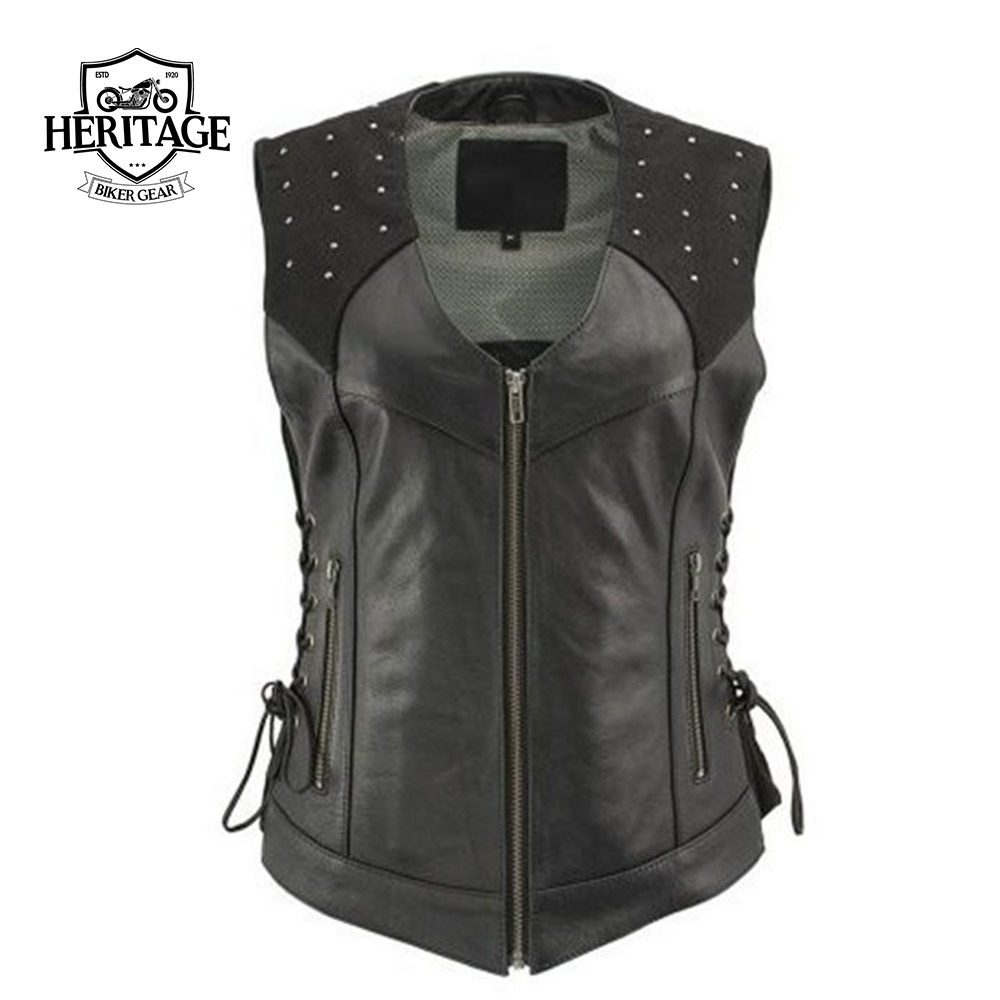 Black Studded Leather Vest with Reflective Wings