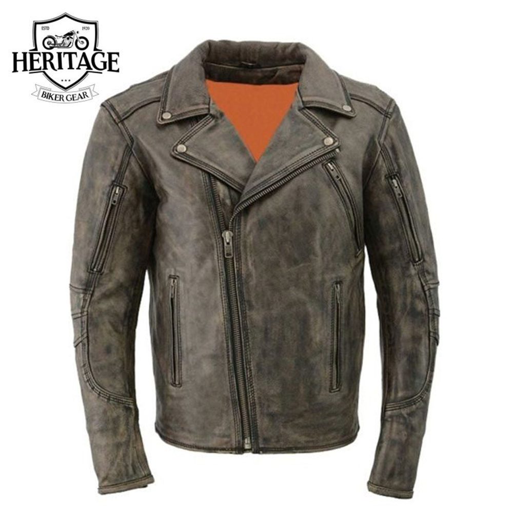 Men's Distressed Brown Triple Stitched Motorcycle Leather Jacket