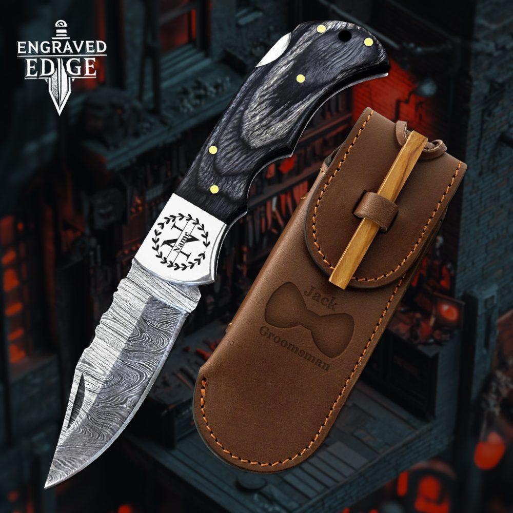 Premium Handmade Damascus Steel Pocket Knife with Genuine Leather Sheath