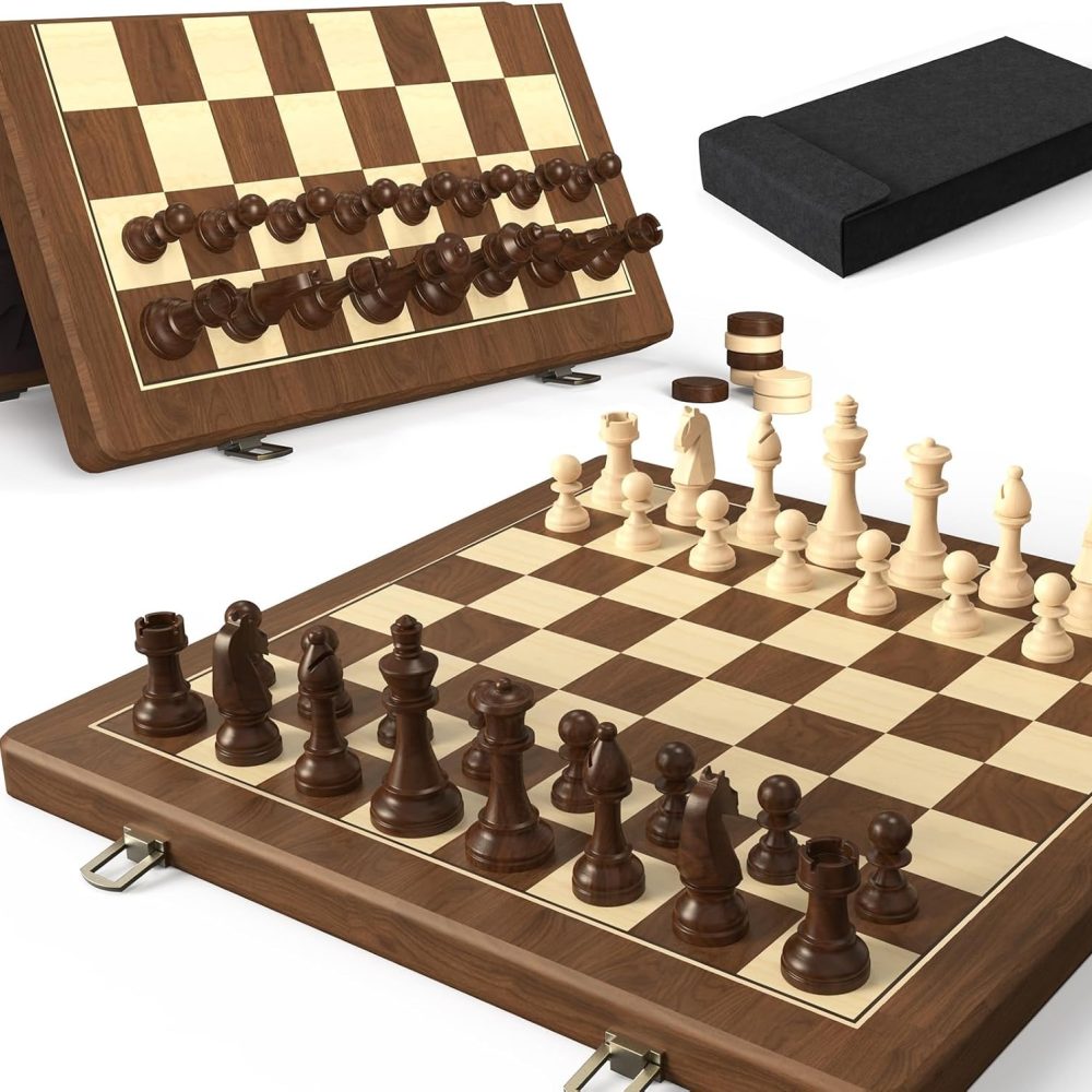 Premium 15" Natural Walnut Magnetic Folding Chess & Checkers Set