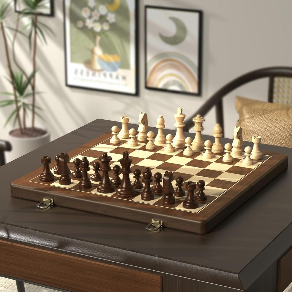 Premium 15" Natural Walnut Magnetic Folding Chess & Checkers Set