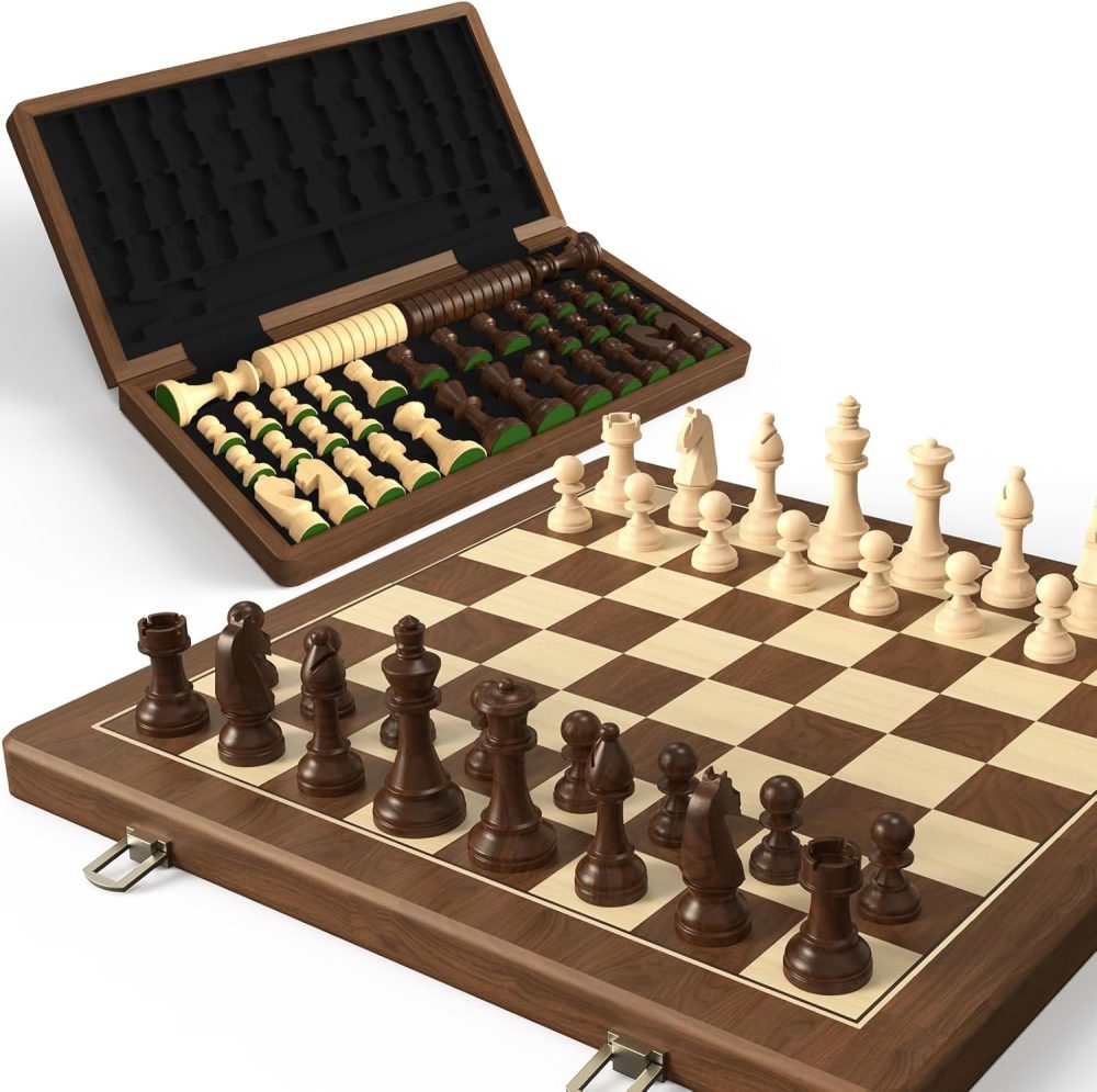 Premium 15" Natural Walnut Magnetic Folding Chess & Checkers Set