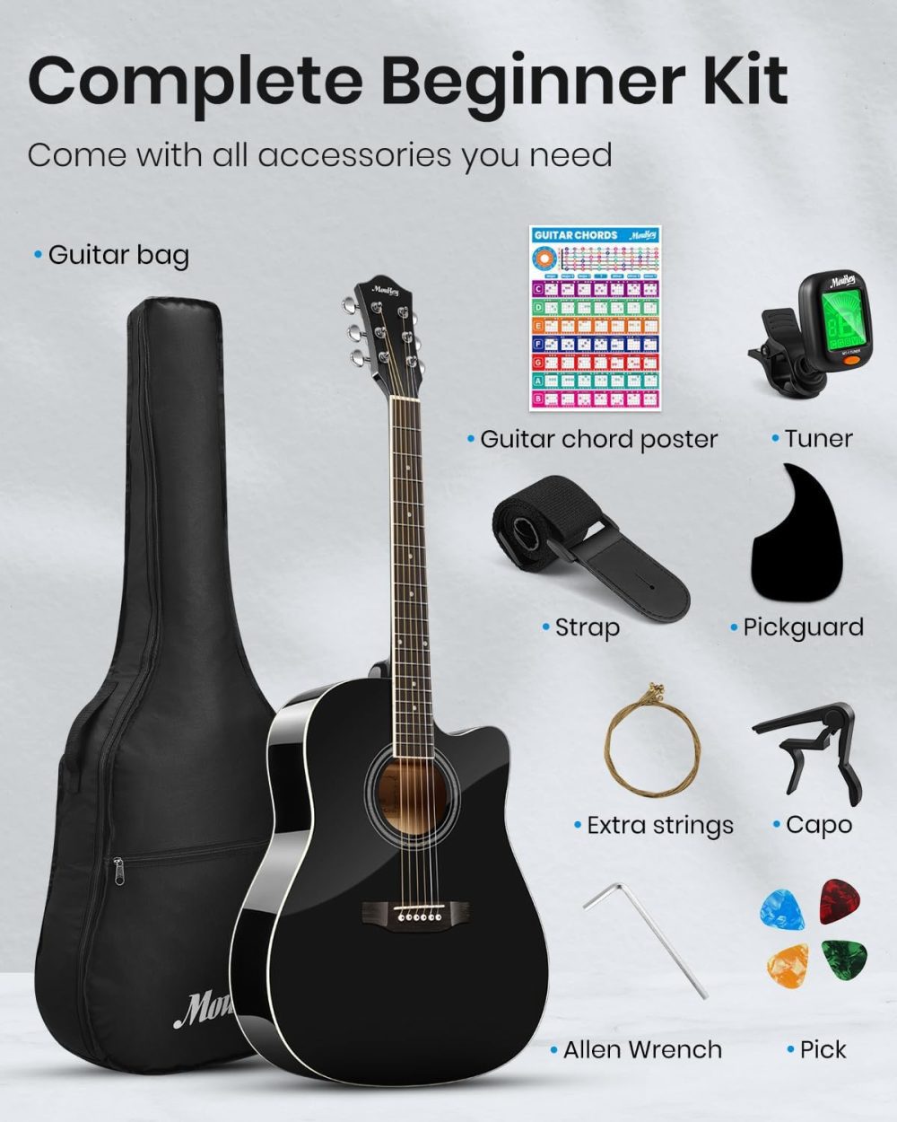 Acoustic Guitar for Beginners with Gig Bag, Complete Pack - Black