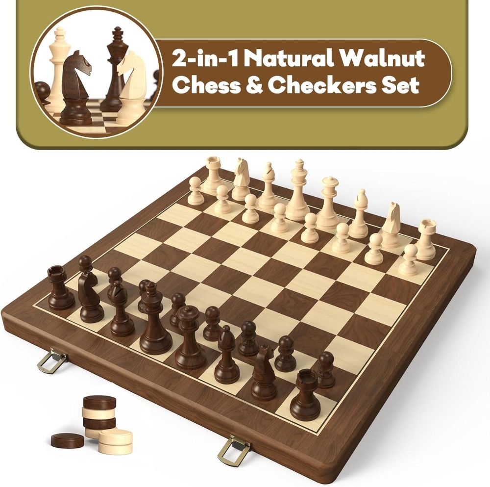 Premium 15" Natural Walnut Magnetic Folding Chess & Checkers Set