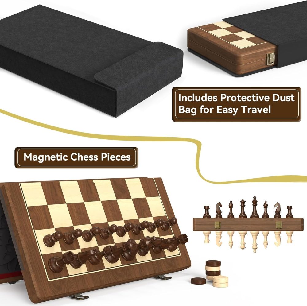 Premium 15" Natural Walnut Magnetic Folding Chess & Checkers Set