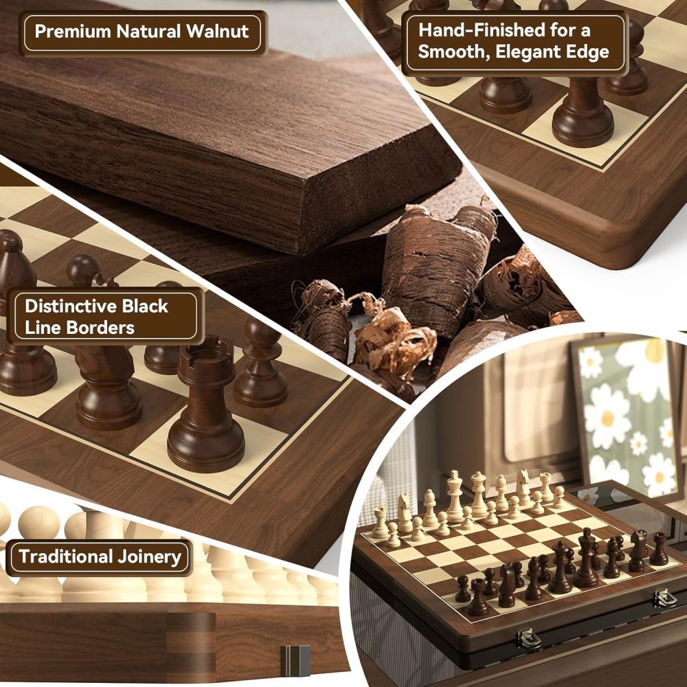 Premium 15" Natural Walnut Magnetic Folding Chess & Checkers Set