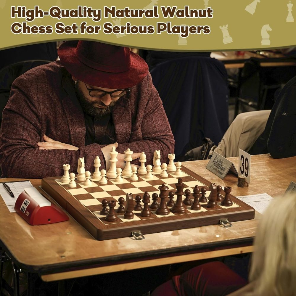 Premium 15" Natural Walnut Magnetic Folding Chess & Checkers Set