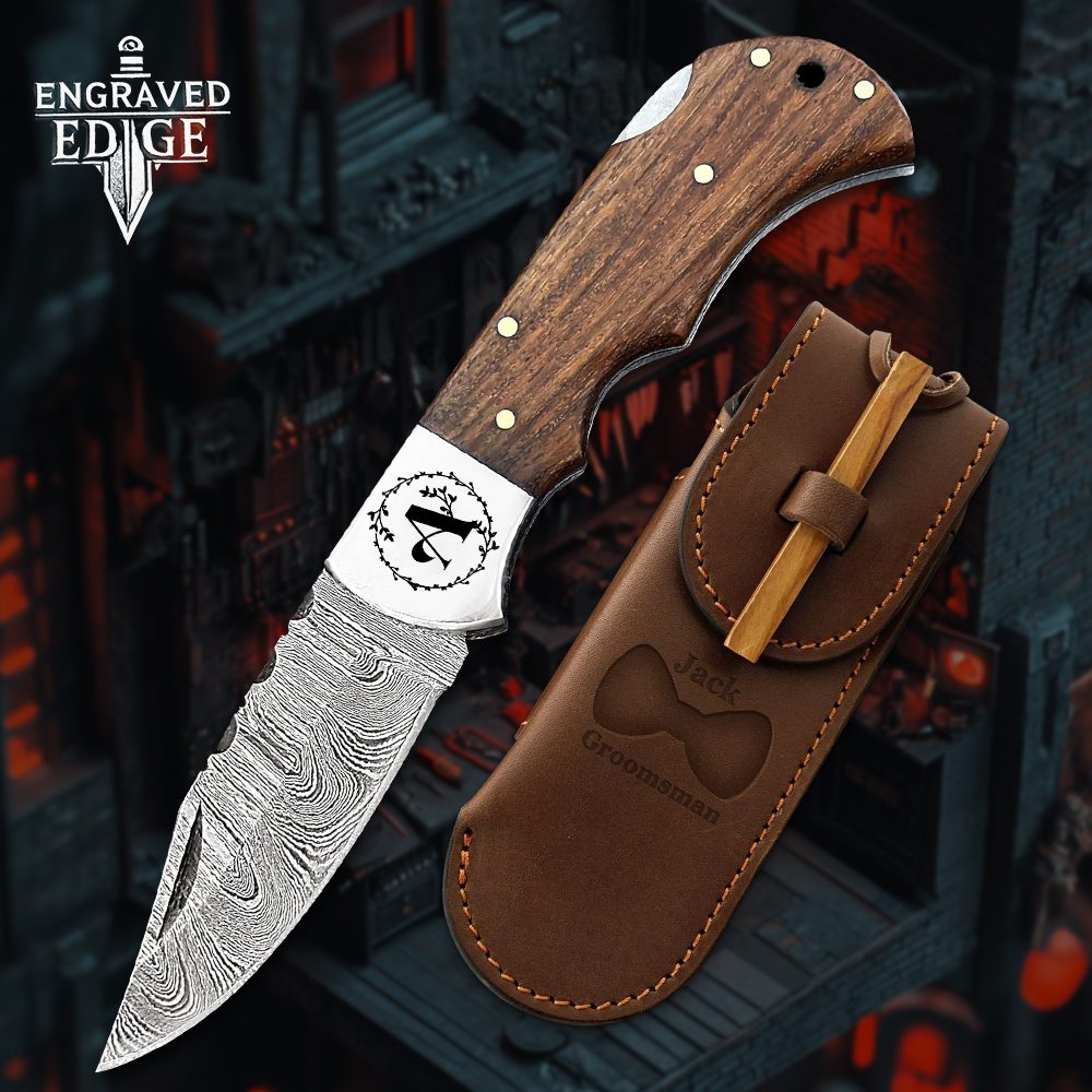 Personalized Engraved Damascus Steel Pocket Knife with Lock Back