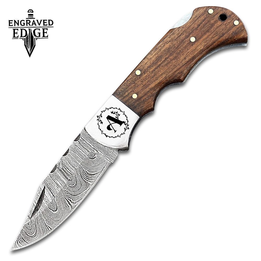 Personalized Engraved Damascus Steel Pocket Knife with Lock Back