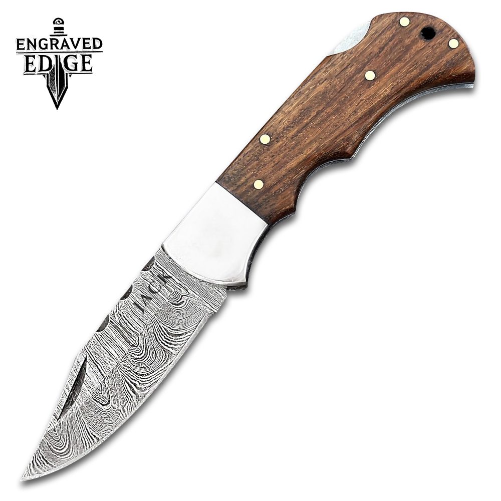 Personalized Engraved Damascus Steel Pocket Knife with Lock Back