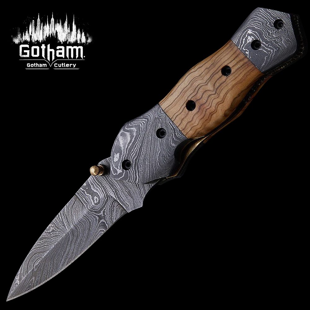 Handmade Damascus Folding Knife With Burl Wood Handle