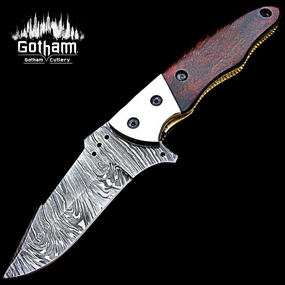 Custom Handmade Damascus Folding Knife With Wood Handle