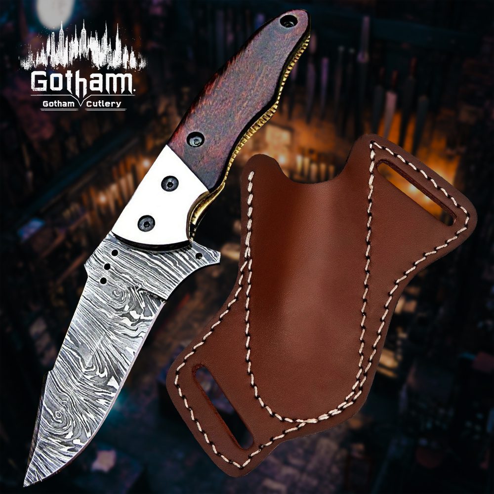 Custom Handmade Damascus Folding Knife With Wood Handle