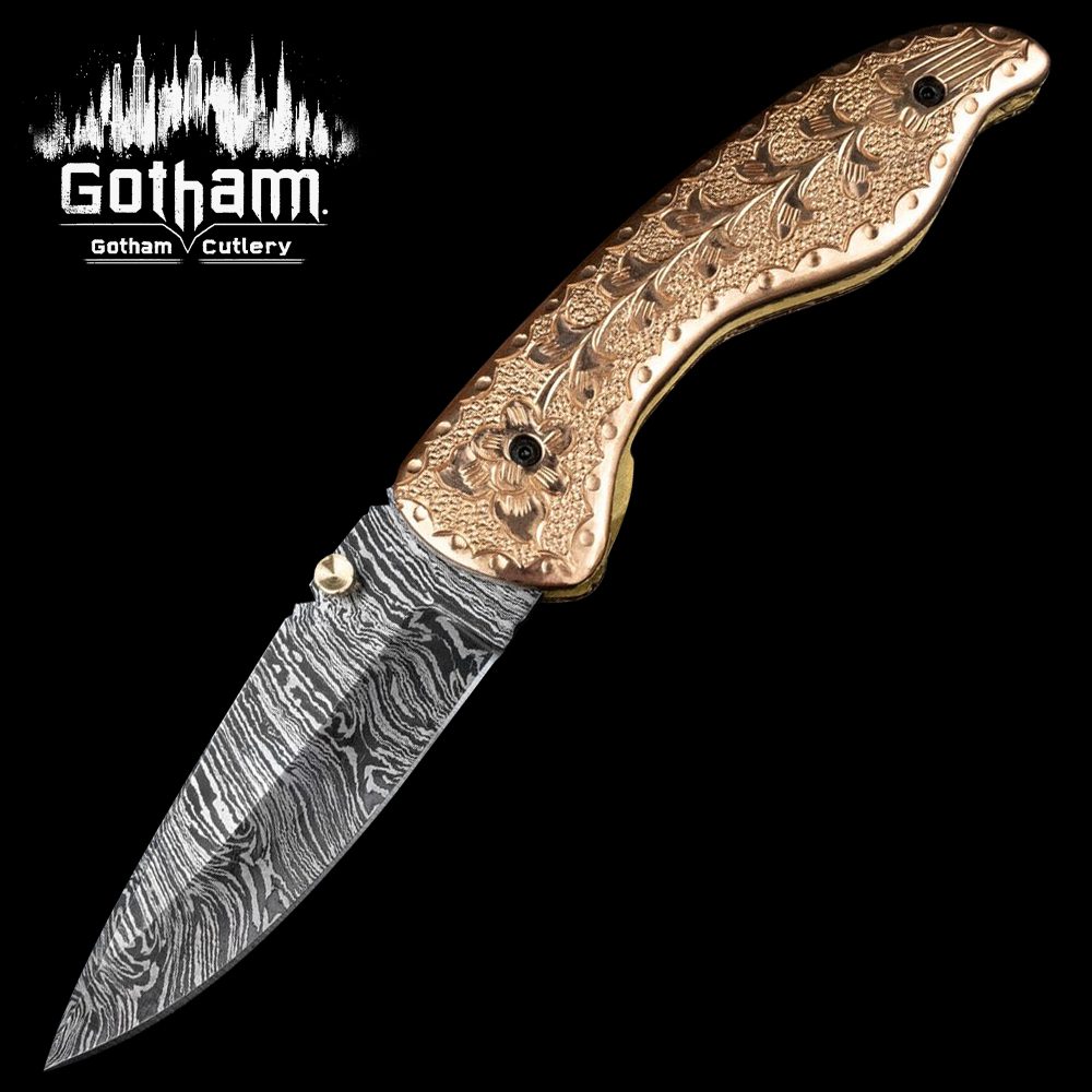 Hand-forged Forged Engraved Copper Handle Damascus Pocket Knife