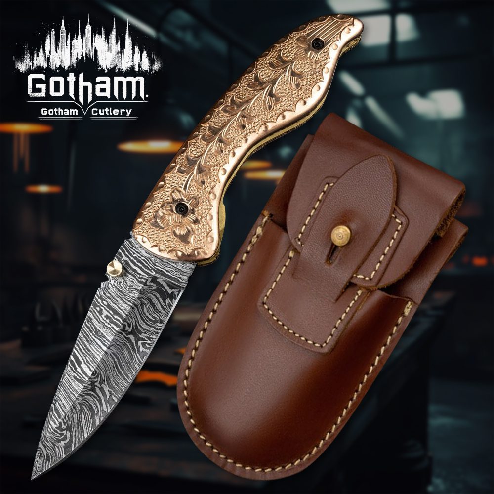 Hand-forged Forged Engraved Copper Handle Damascus Pocket Knife