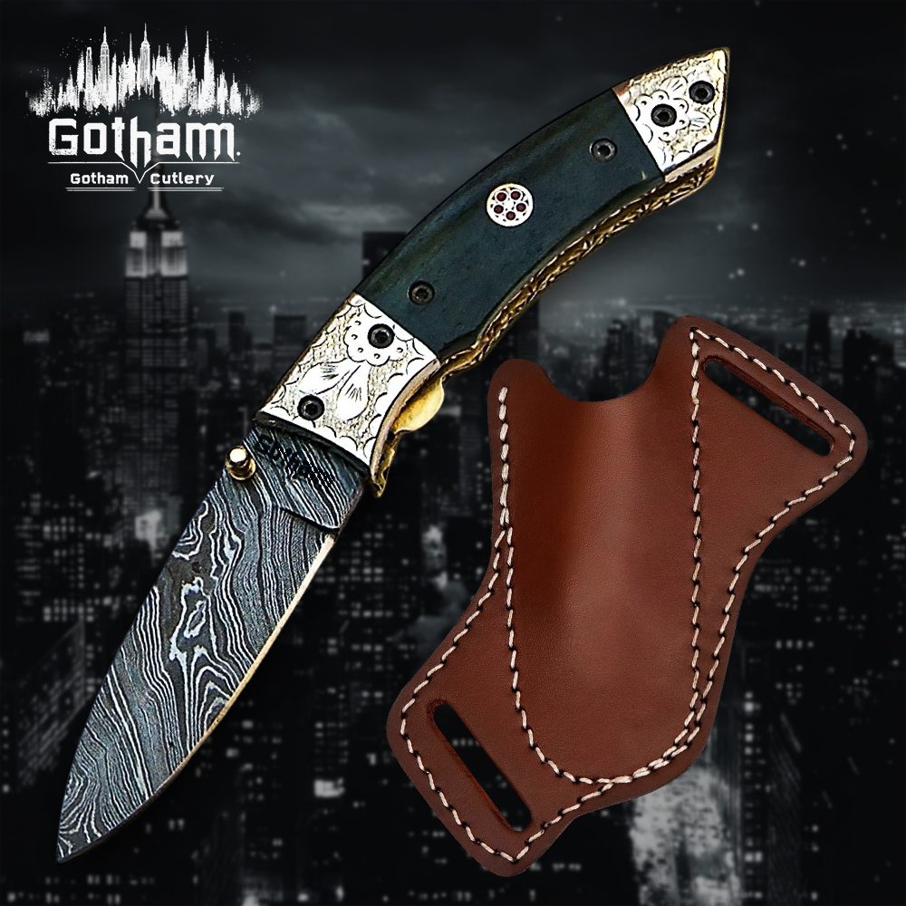 Handmade Damascus Folding Knife with Genuine Leather Sheath