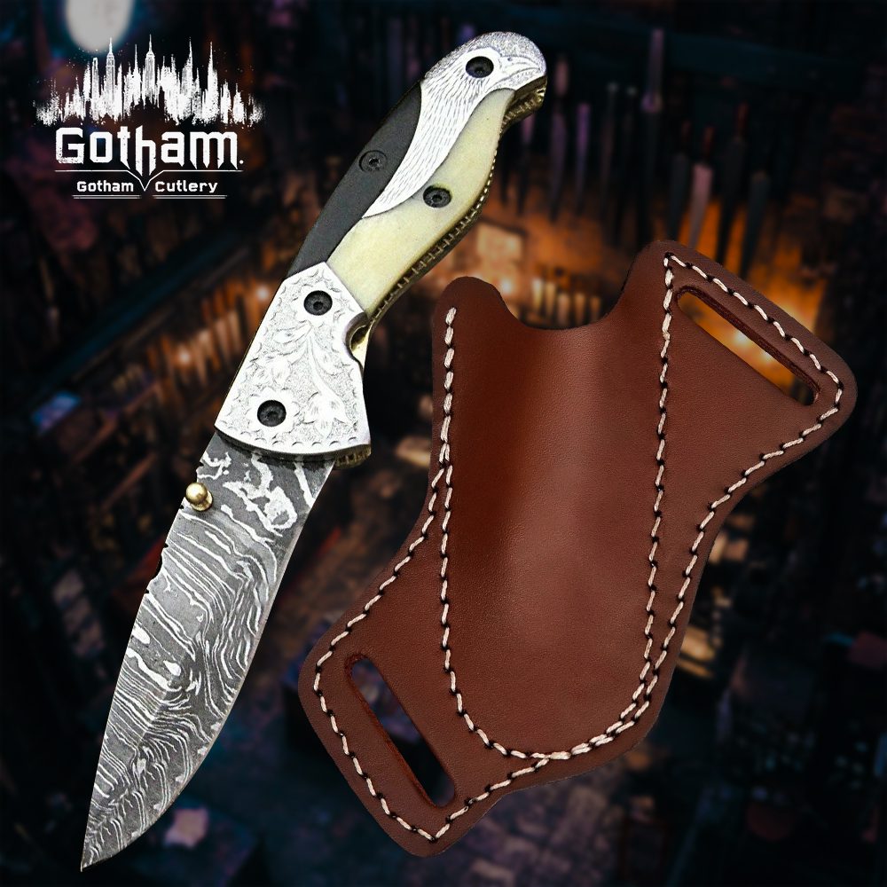 Custom Handmade Damascus Folding Knife With Leather Sheath