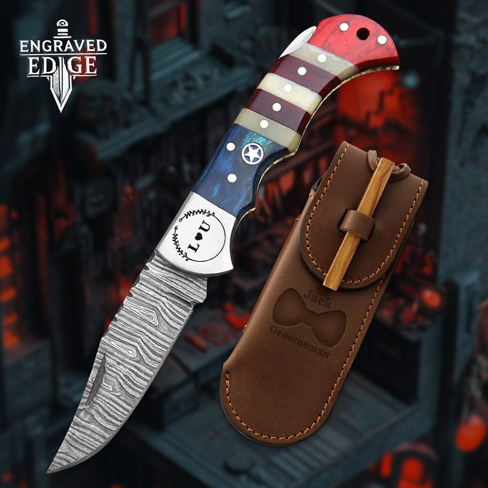 Handmade Damascus Steel Pocket Knife with Texas Flag Handle